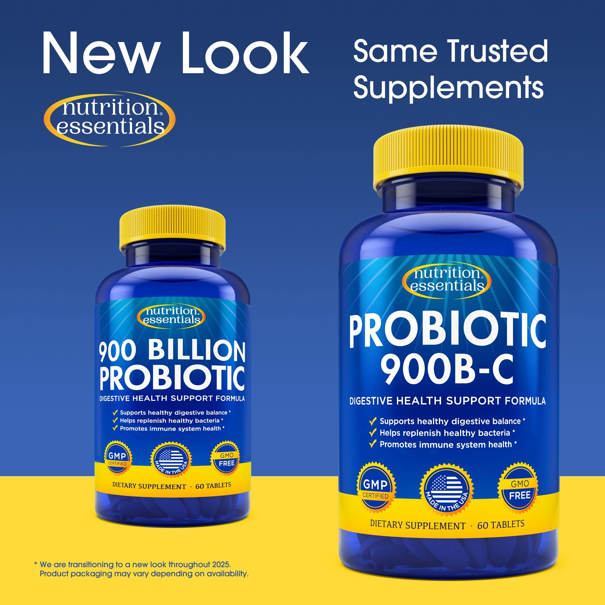 Nutrition Essentials USA-made probiotic badge signals quality and strict standards