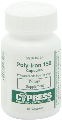 Nutrition facts label for Poly Iron Capsules 150 mg 185-01