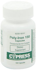 Nutrition facts label for Poly Iron Capsules 150 mg 185-01