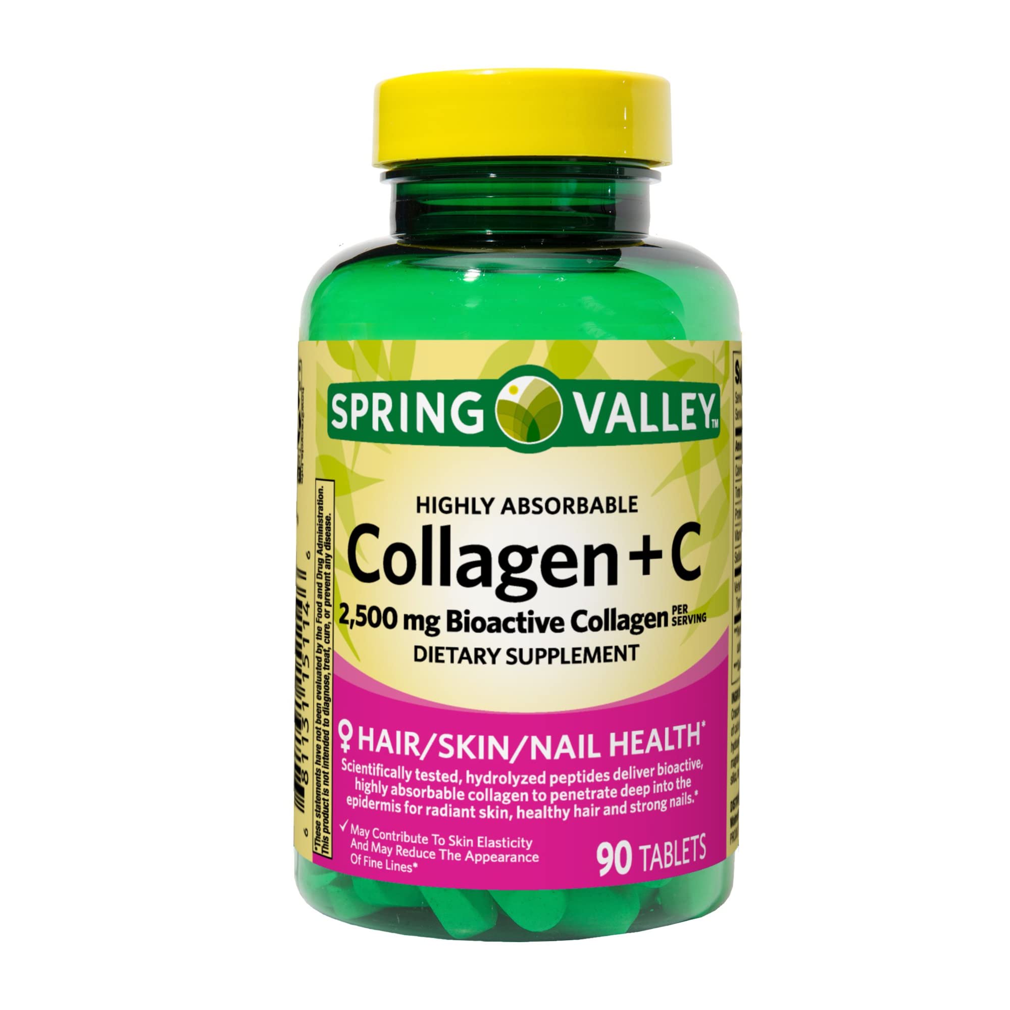 Nutrition facts label for Spring Valley Collagen + C Tablets