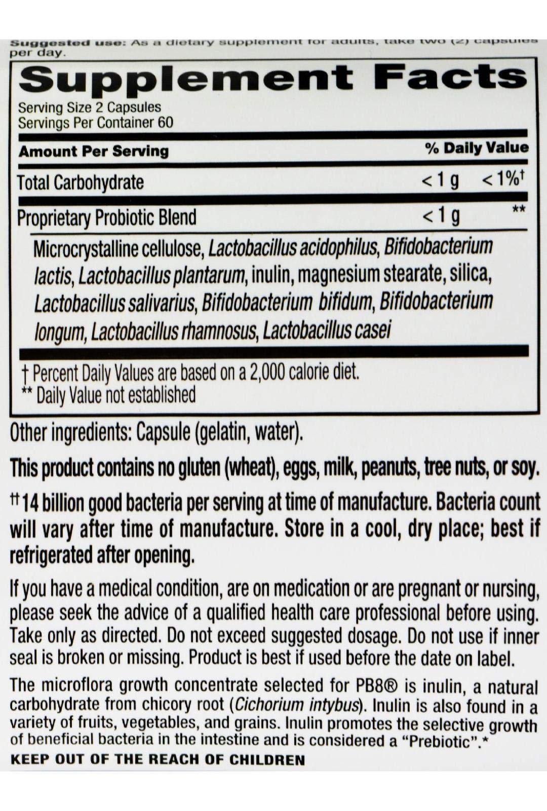 Nutrition Now Pb8 Acidophilus Original bottle – packaging and dosage information