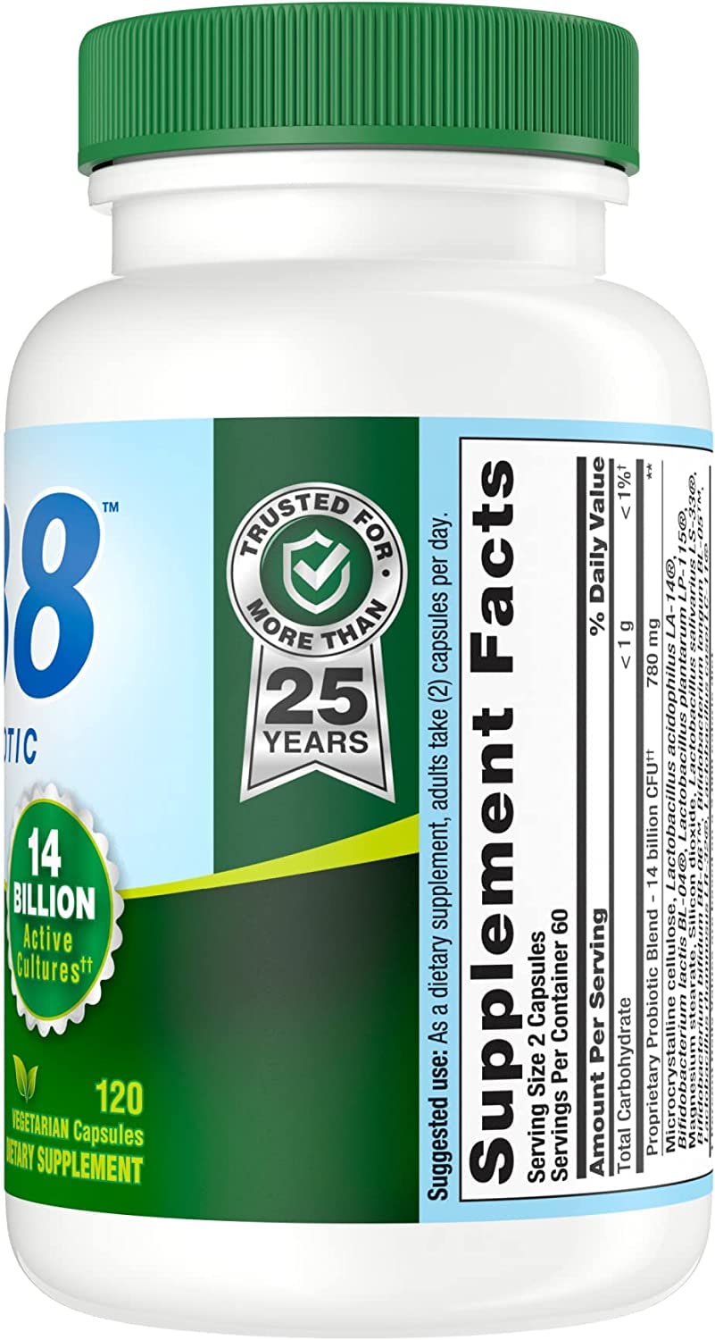 Nutrition Now PB8 bottle label notes 14 billion cultures from 8 probiotic strains.