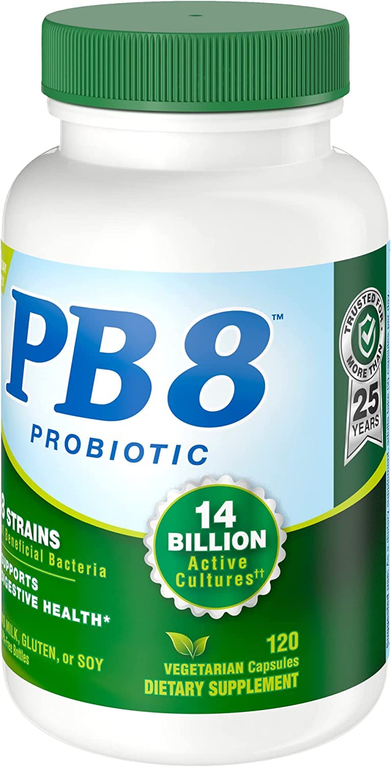 Nutrition Now PB8 bottle side highlights dairy-free and gluten-free probiotic support.