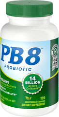 Nutrition Now PB8 bottle side highlights dairy-free and gluten-free probiotic support.