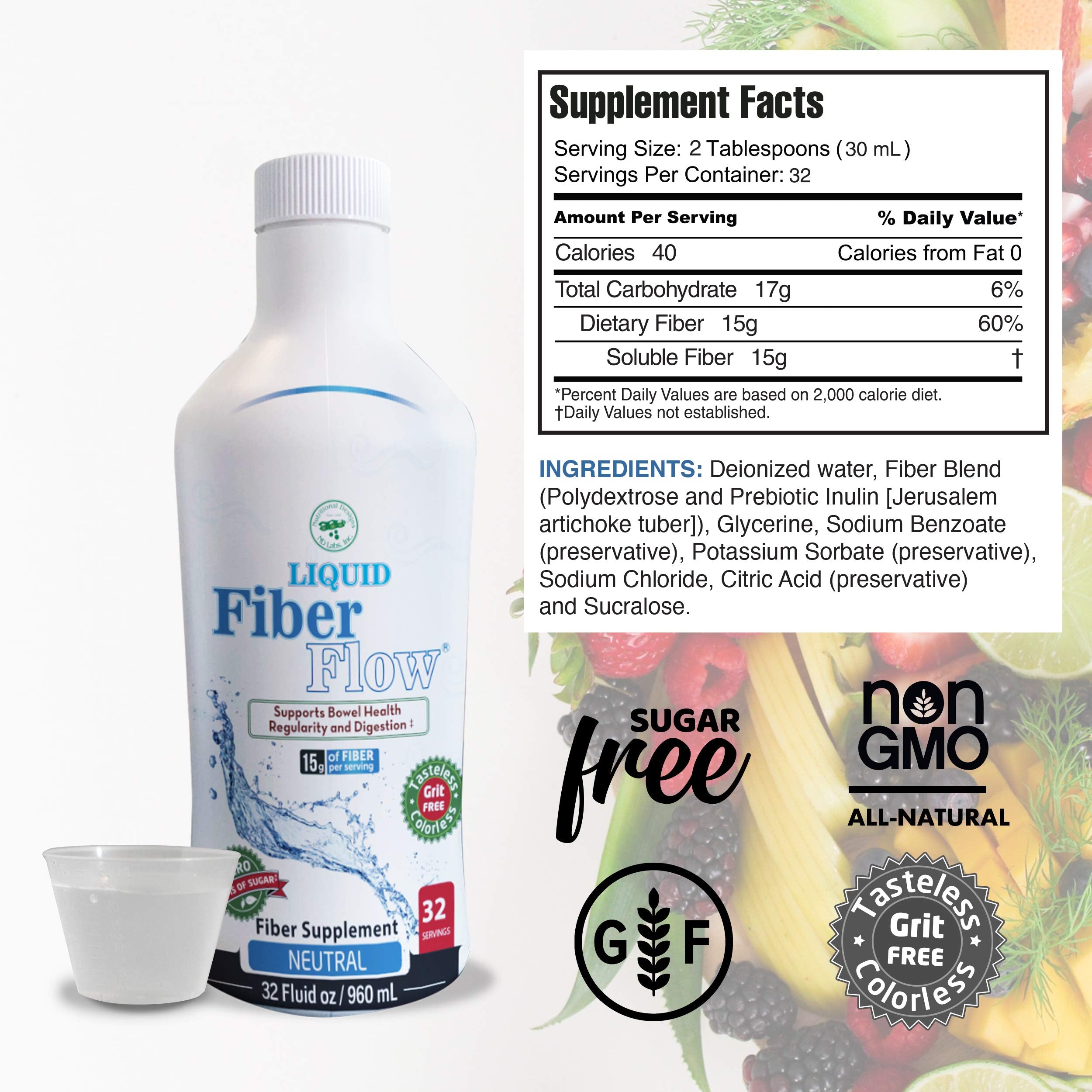 Back nutrition facts panel of Nutritional Designs Liquid Fiber Flow bottle