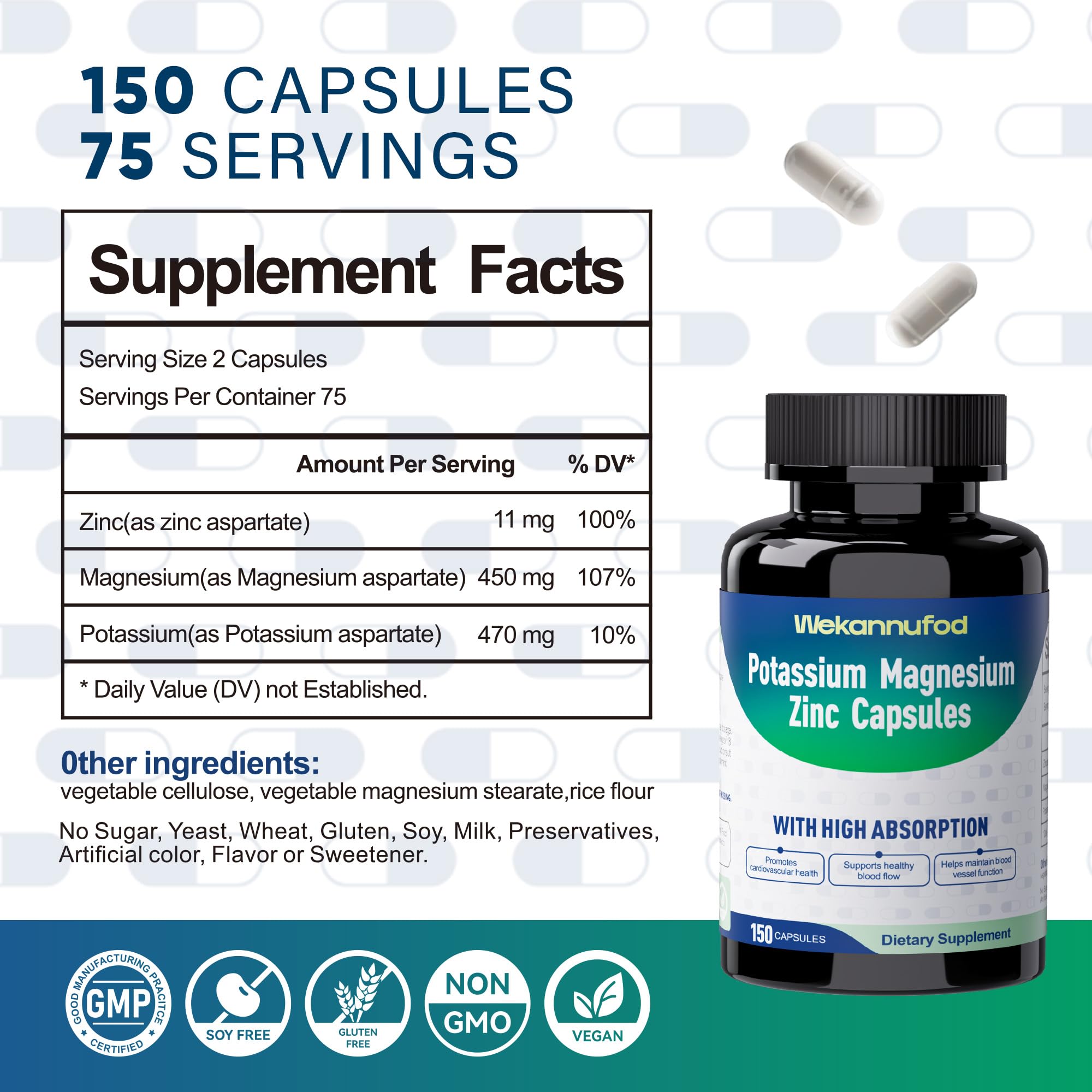 Back nutrition facts panel of Potassium Magnesium Supplement