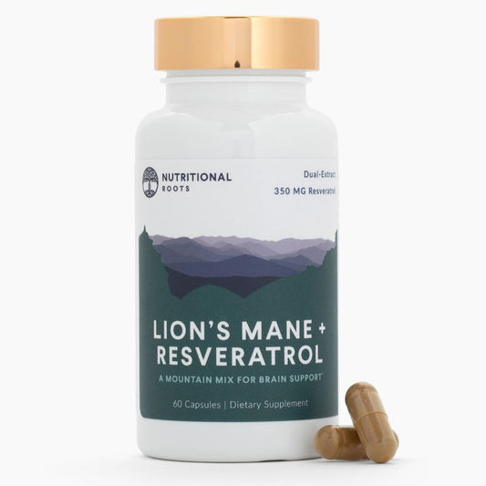 Bottle label highlighting 800mg Lion's Mane extract and 350mg Trans-Resveratrol per serving