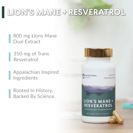 Close-up of Lion's Mane + Resveratrol capsules