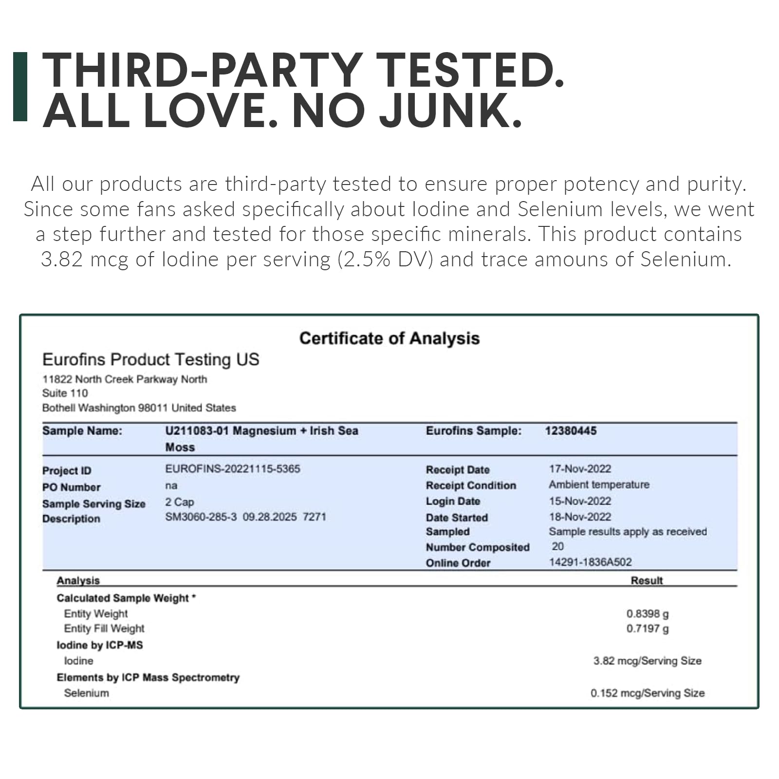 Third-party testing seal on Nutritional Roots bottle