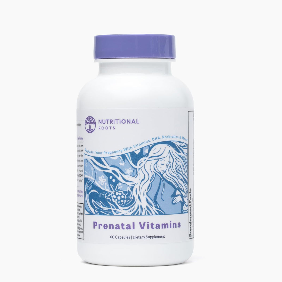 Bottle of Nutritional Roots Prenatal Vitamins with DHA and whole-food ingredients