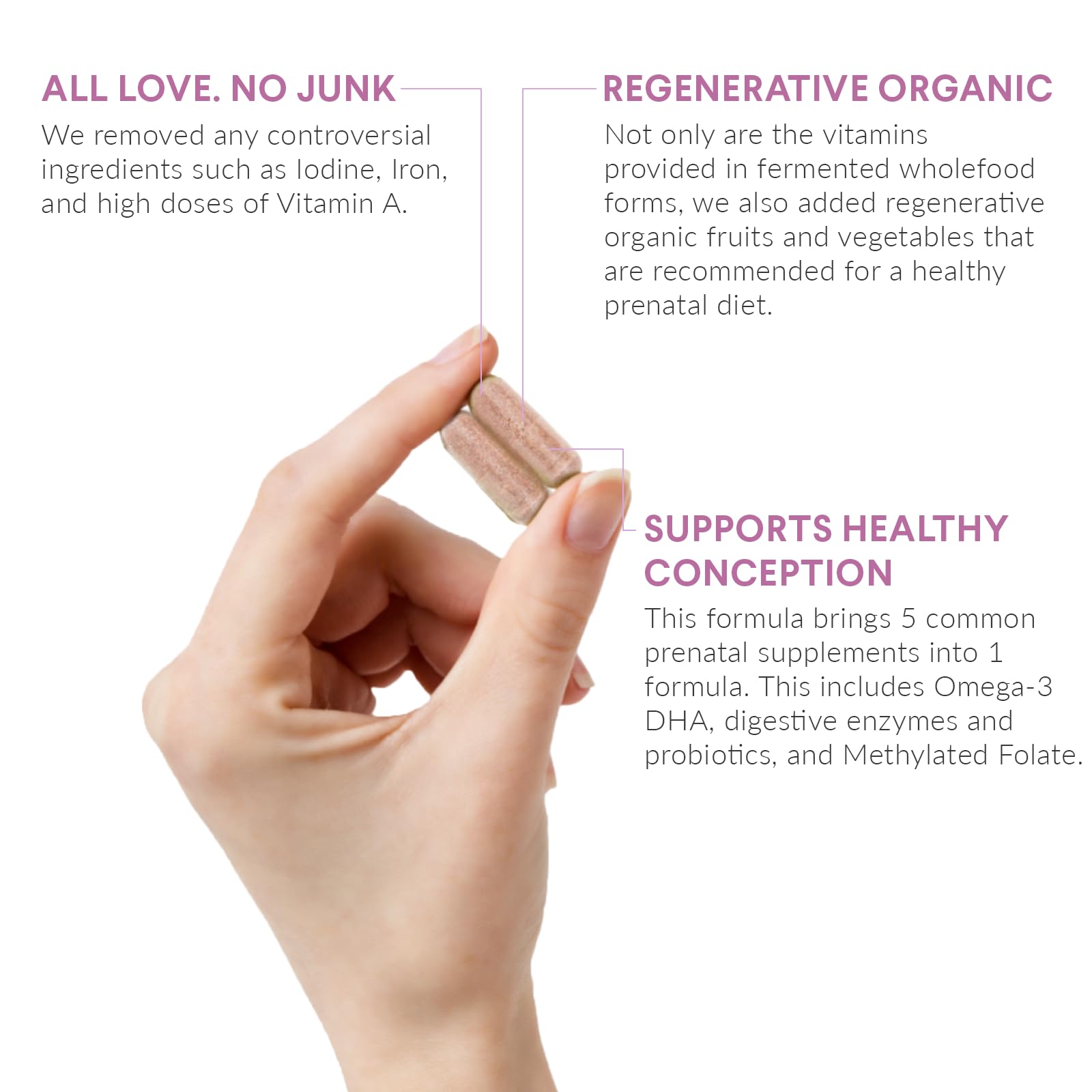Packaging of Nutritional Roots Prenatal Vitamins with regenerative organic ingredients, no iron or iodine