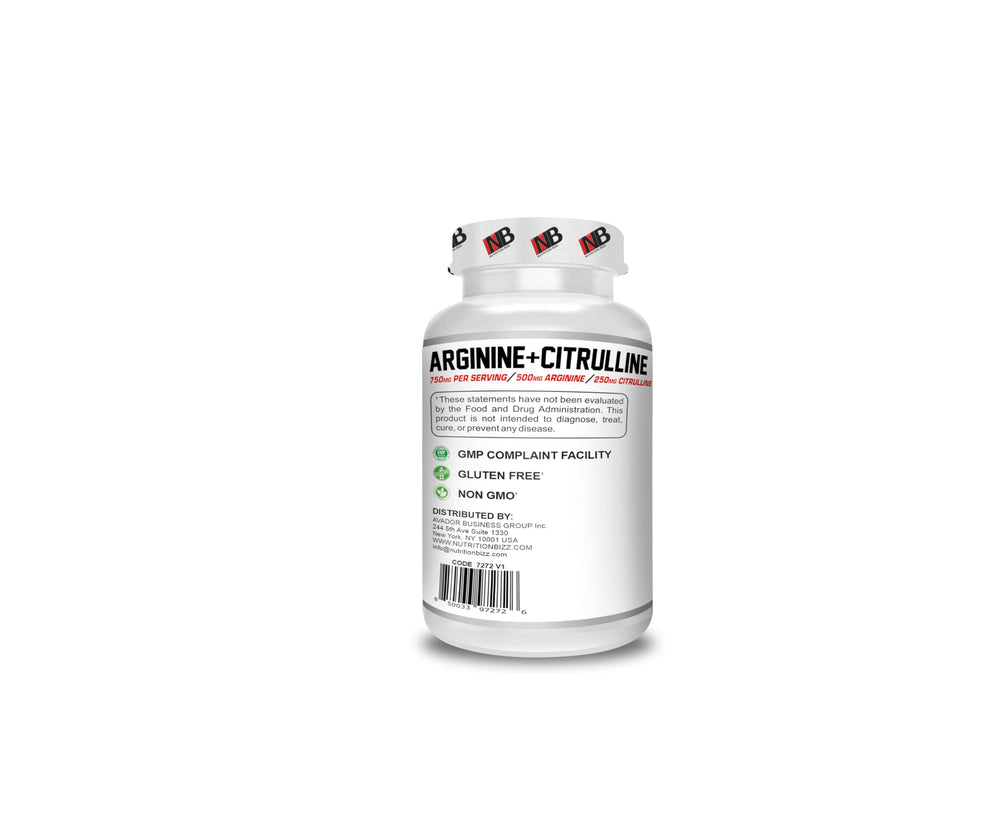 NutritionBizz Arginine & Citrulline bottle with serving information on label