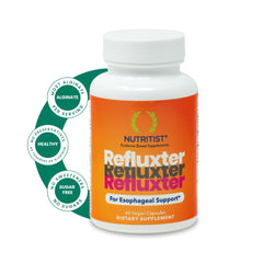 Nutritist Refluxter capsules close-up showing natural acid reflux relief after meals.