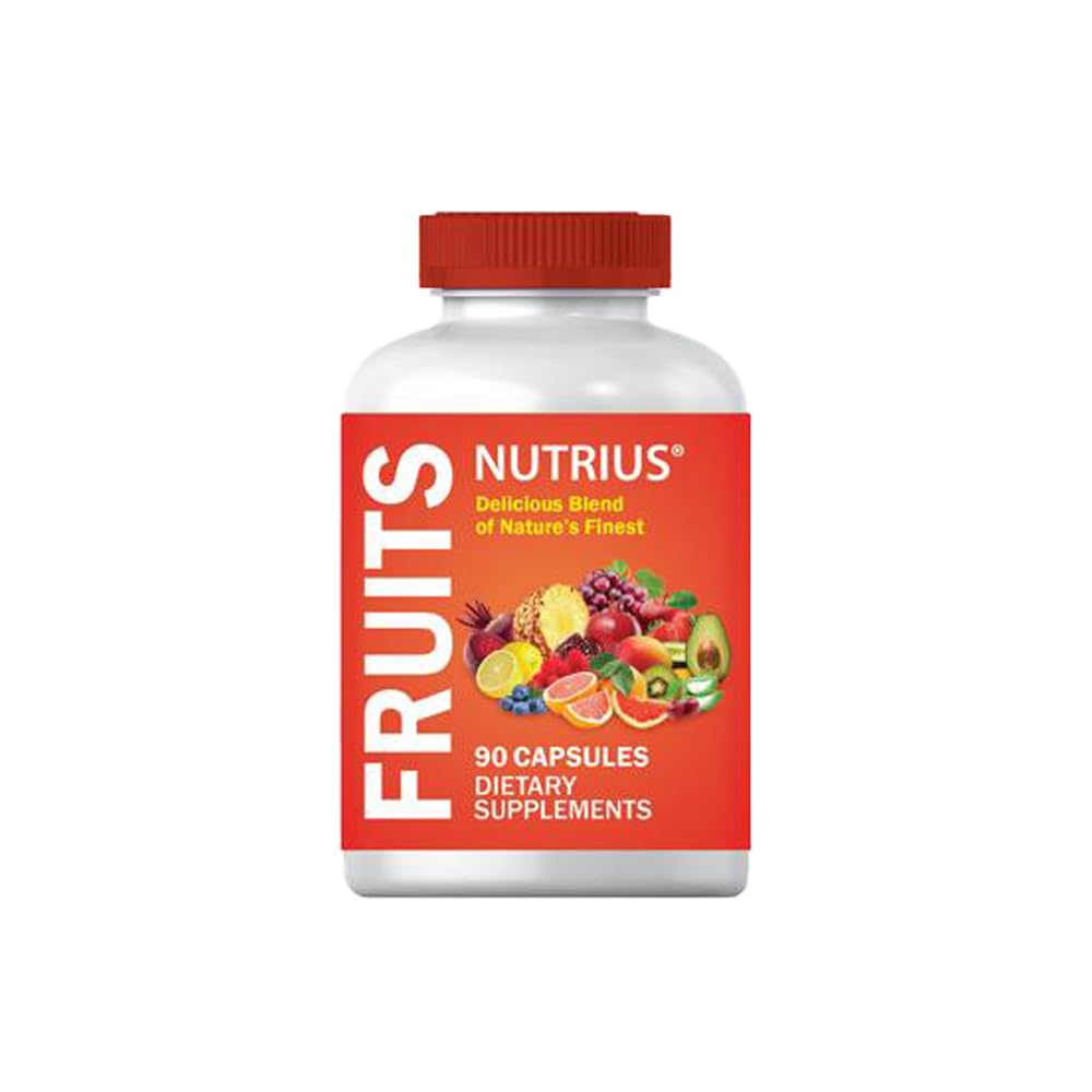 Front view of Nutrius Fruits bottle and capsules