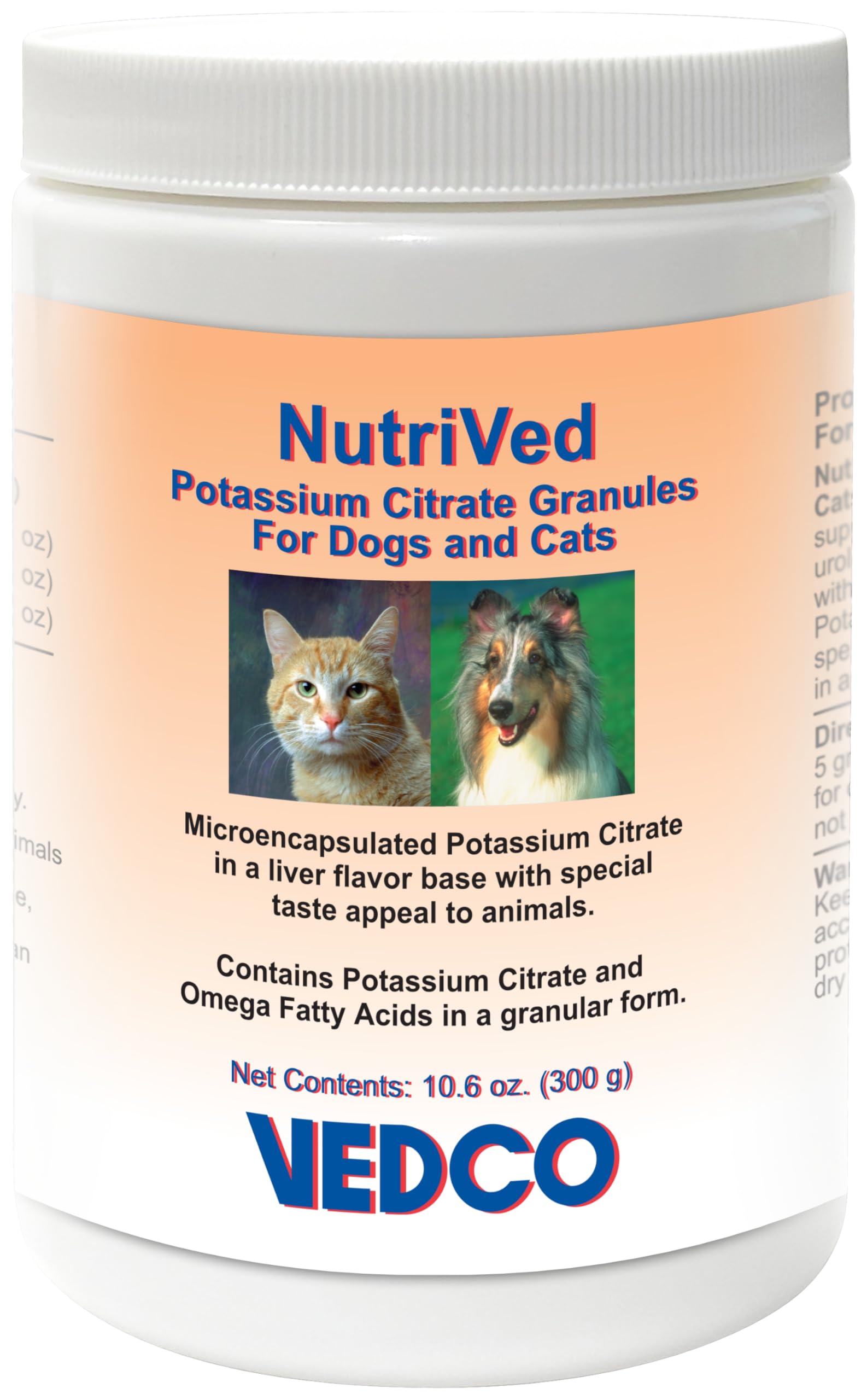 NutriVed Potassium Citrate Granules 300g bottle with liver flavor for urinary health in dogs and cats