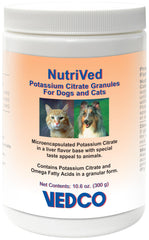 NutriVed Potassium Citrate Granules 300g bottle with liver flavor for urinary health in dogs and cats