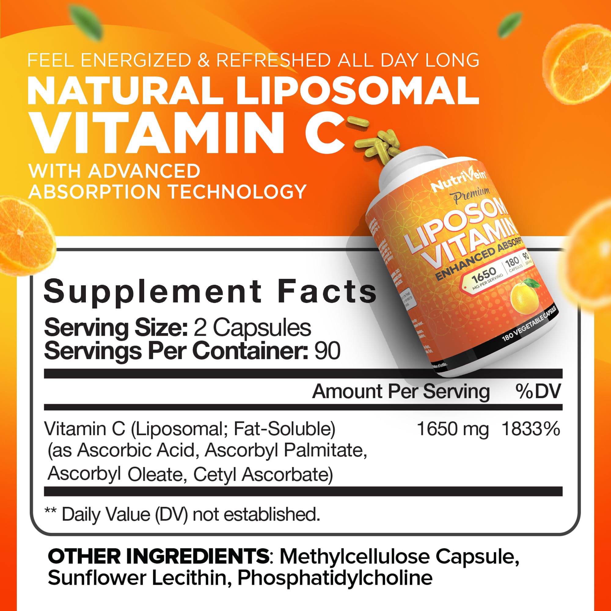 Front view of Nutrivein Liposomal Vitamin C 1650mg bottle