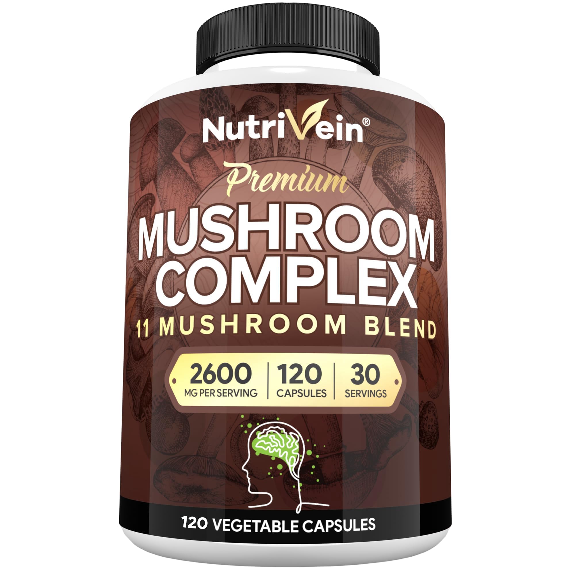 Nutrivein Premium Mushroom Supplement bottle with 120 capsules