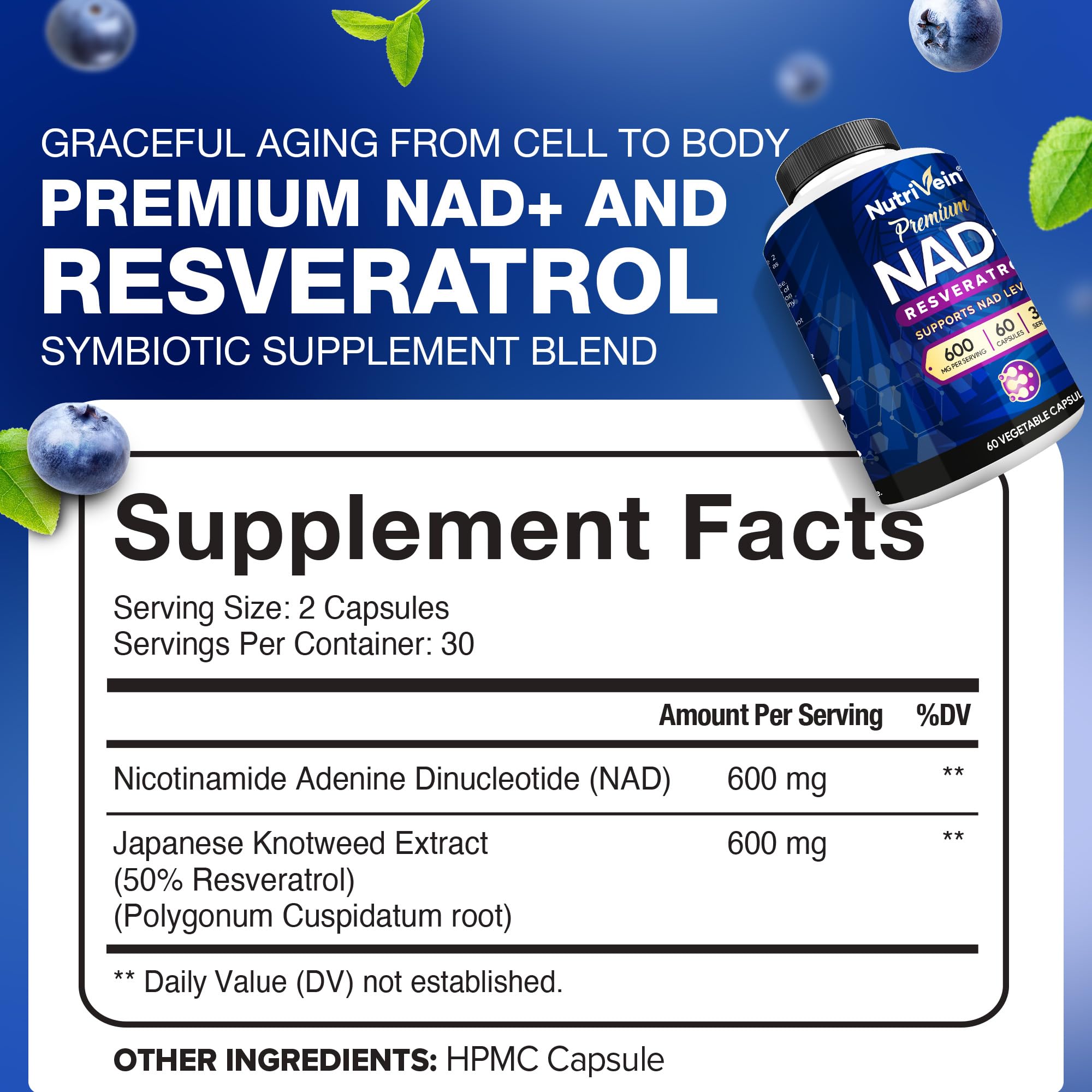 Front view of Nutrivein NAD+ + Resveratrol bottle label
