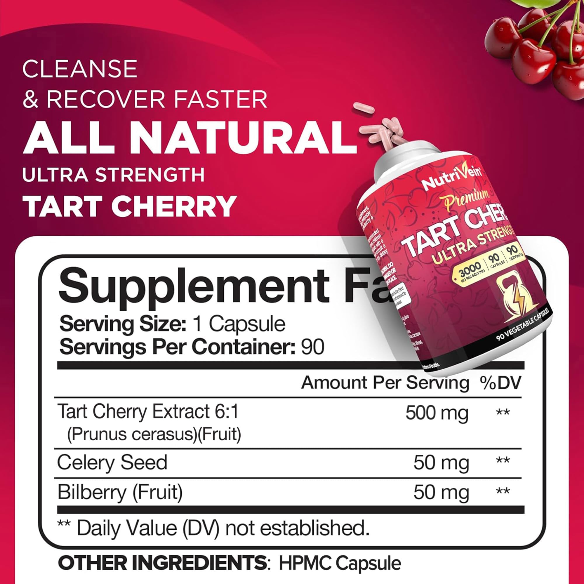 Close-up of Nutrivein Tart Cherry Capsules highlighting sleep support