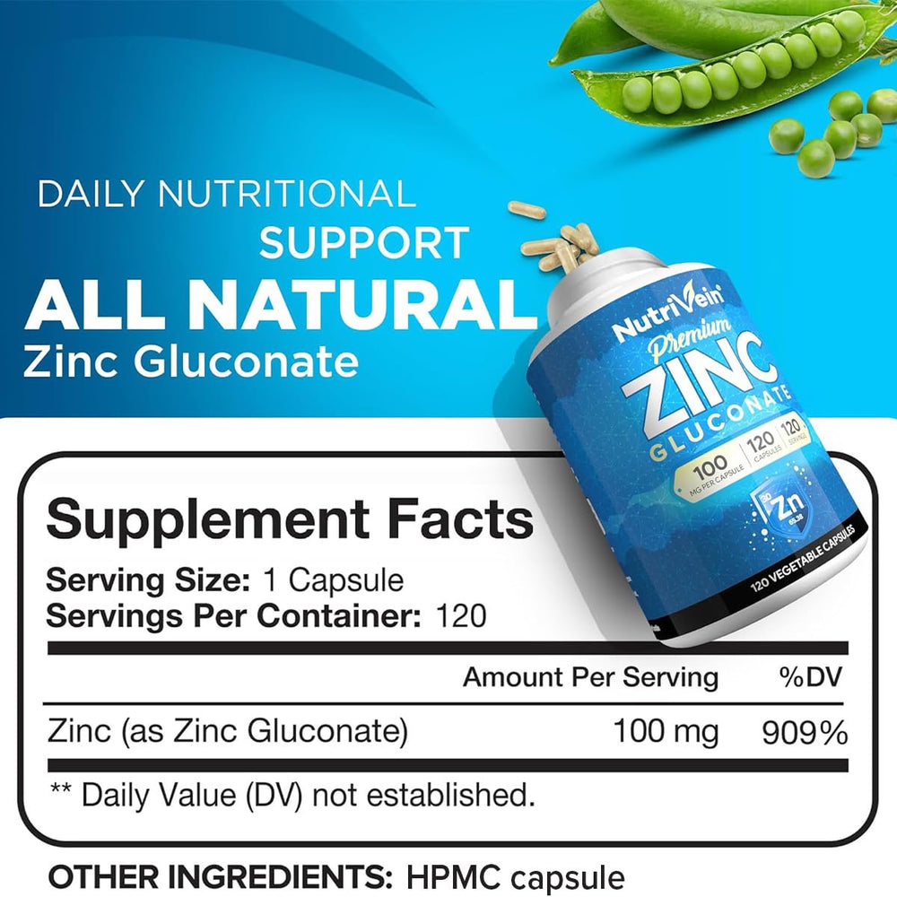 Front view of Nutrivein Zinc Gluconate 100mg bottle – package shot