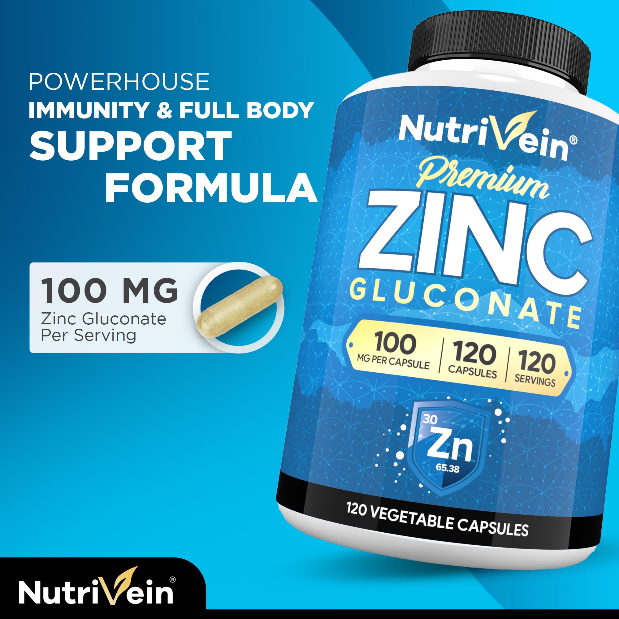 Close-up of Nutrivein Zinc Gluconate 100mg capsules with bottle