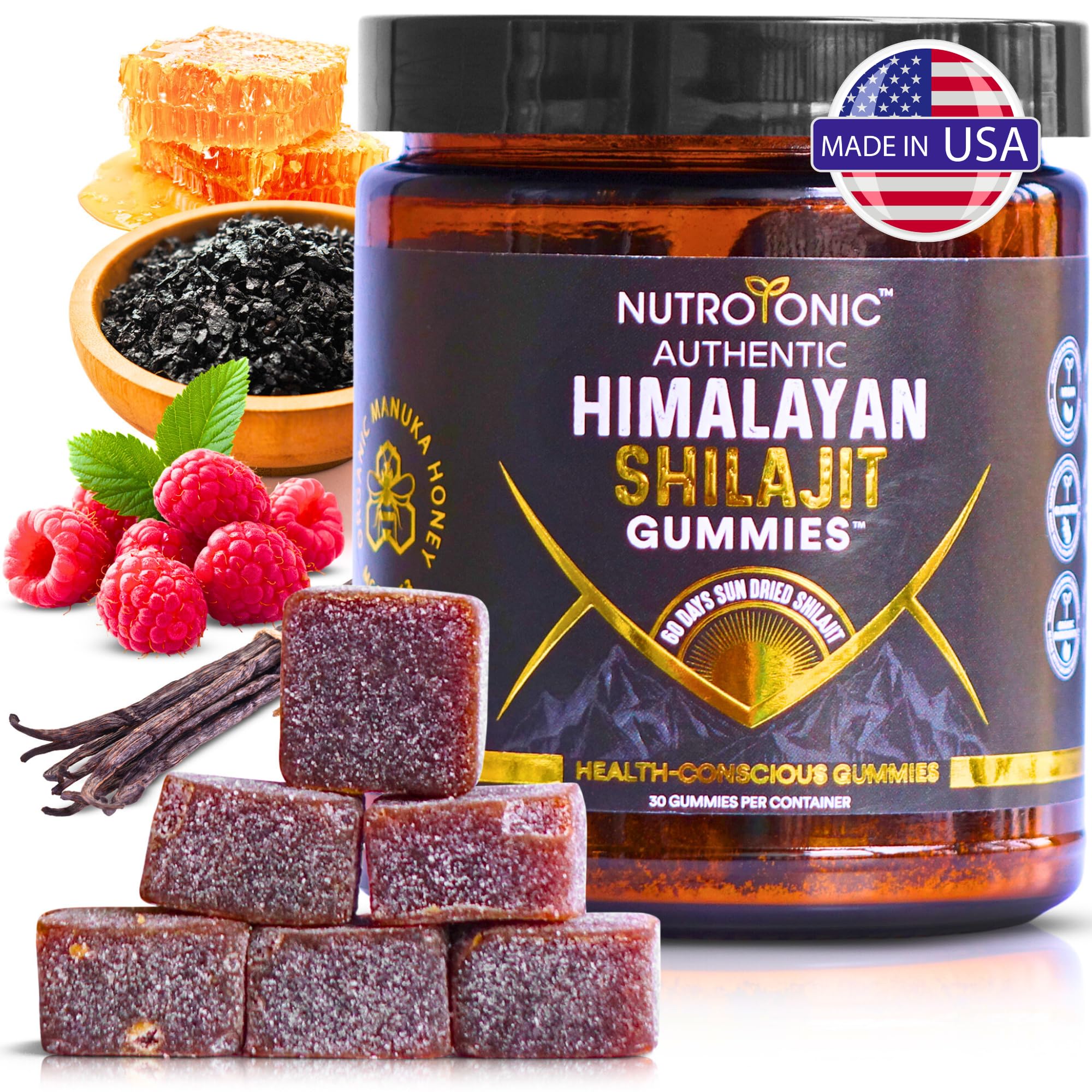 NutroTonic Shilajit Gummies close-up show texture and daily wellness appeal