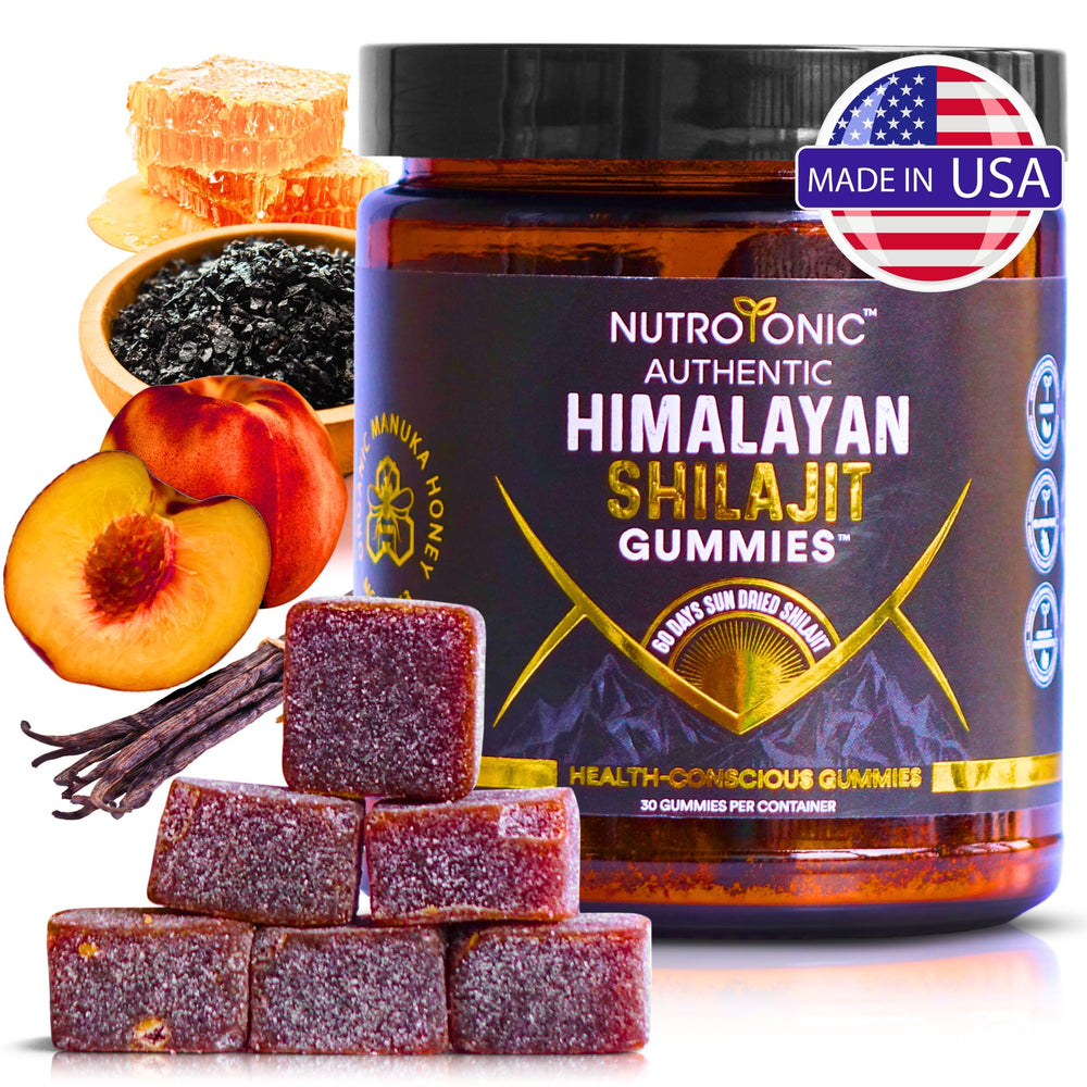 NutroTonic Himalayan Shilajit Gummies bottle shows peach vanilla flavor for daily energy support.