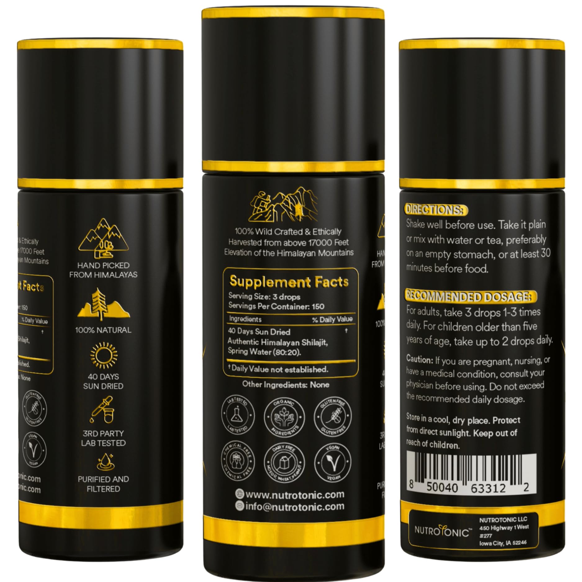 NutroTonic Shilajit 20ml packaging and dosing details