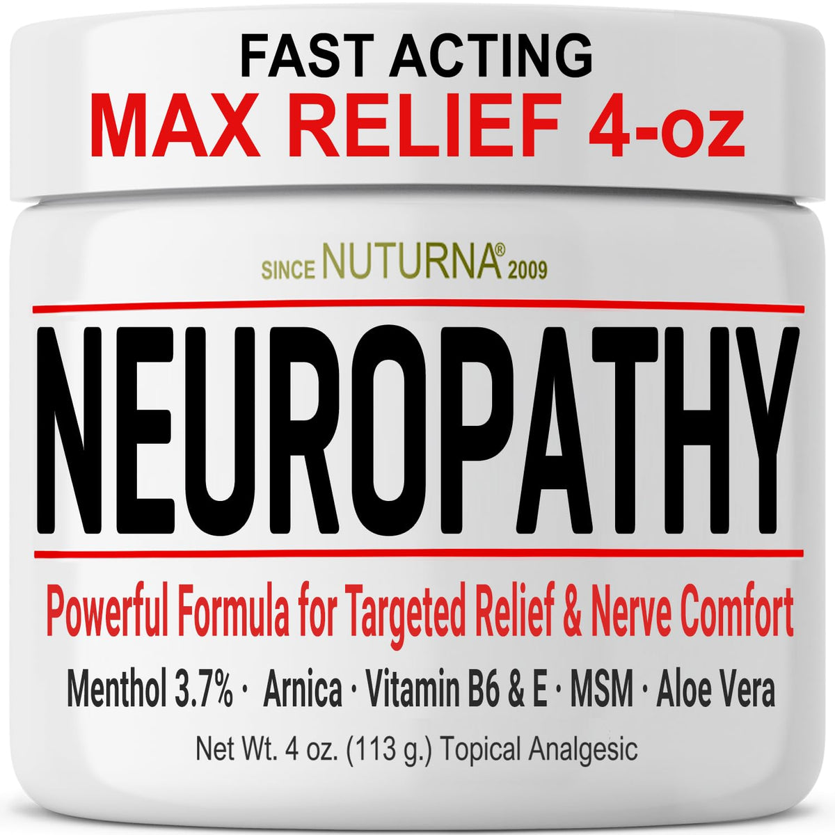 Nuturna Neuropathy Nerve Relief Cream front-4oz demonstrates quick, targeted relief for daily activities.