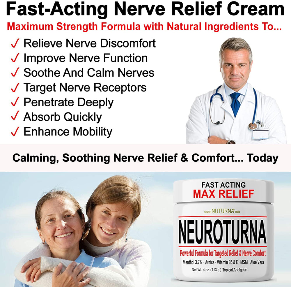 Nuturna Neuropathy Nerve Relief Cream label closeup highlights paraben-free, USA-made formulation.