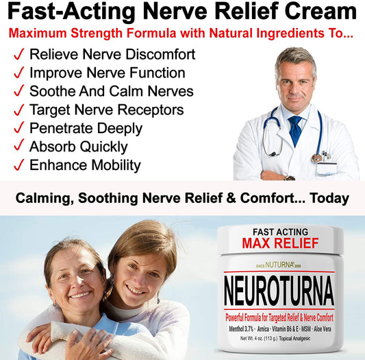 Nuturna Neuropathy Nerve Relief Cream label closeup highlights paraben-free, USA-made formulation.
