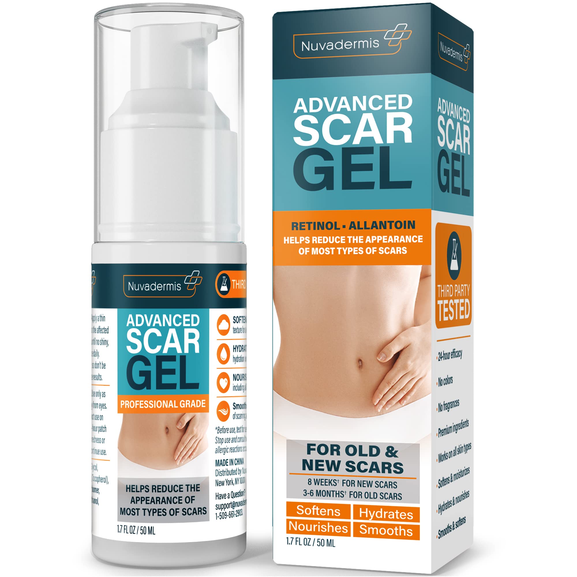 NUVADERMIS Advanced Scar Gel bottle closeup for easy at-home scar care.