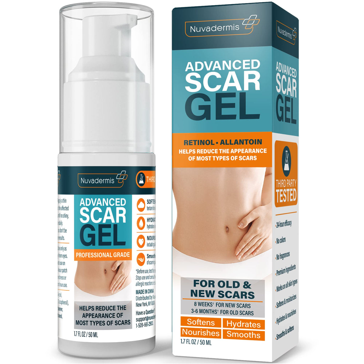 NUVADERMIS Advanced Scar Gel bottle closeup for easy at-home scar care.