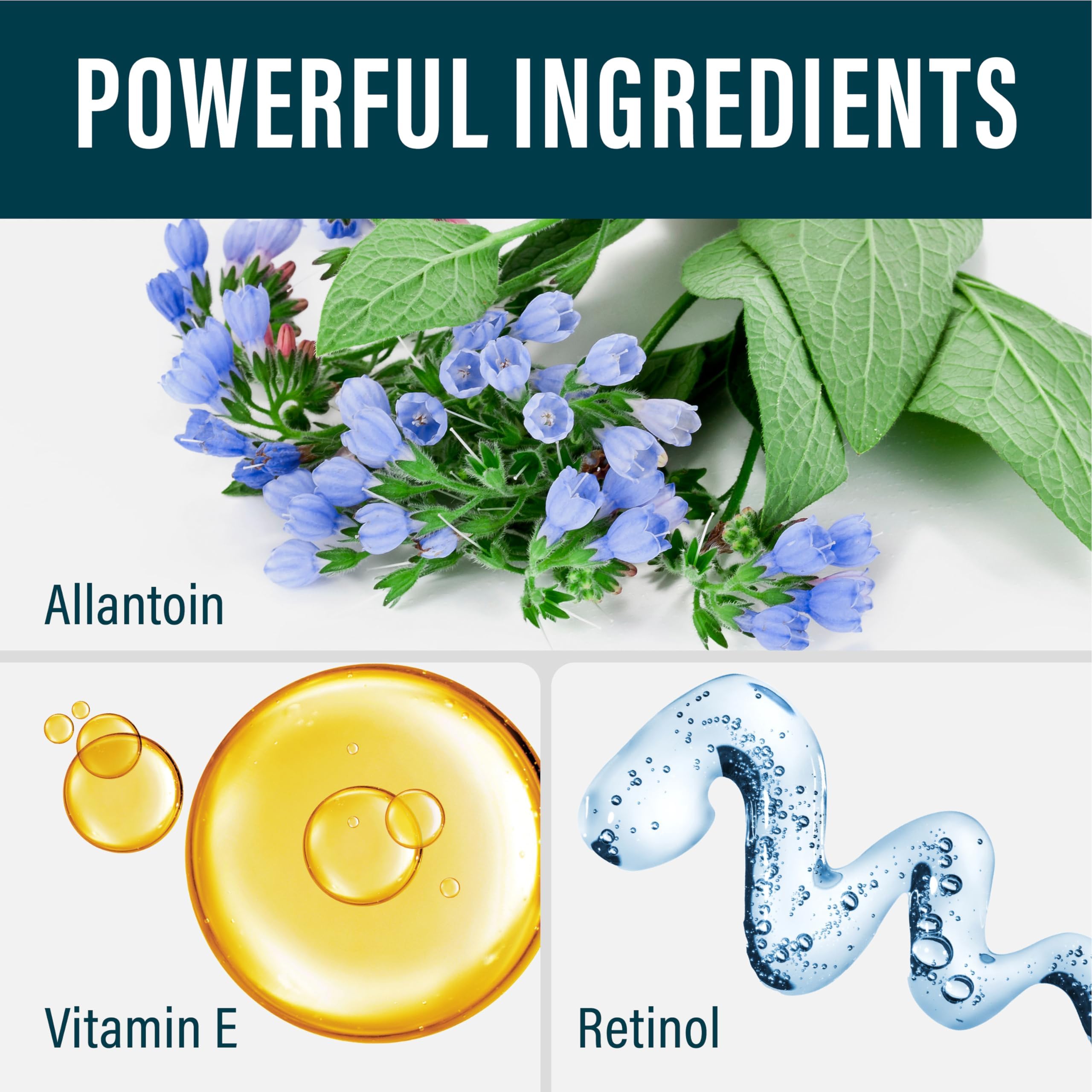 NUVADERMIS Advanced Scar Gel retinol and vitamin E ingredients highlighted for skin nourishment.