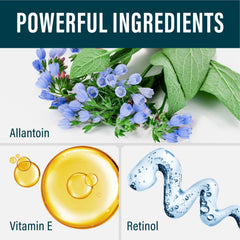 NUVADERMIS Advanced Scar Gel retinol and vitamin E ingredients highlighted for skin nourishment.