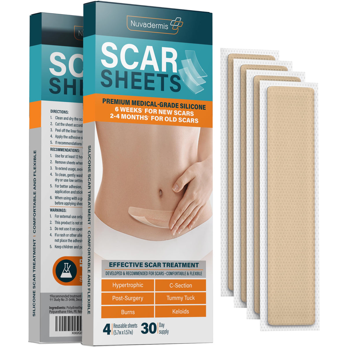 NUVADERMIS silicone scar sheet pack-4 on skin for versatile scar coverage.