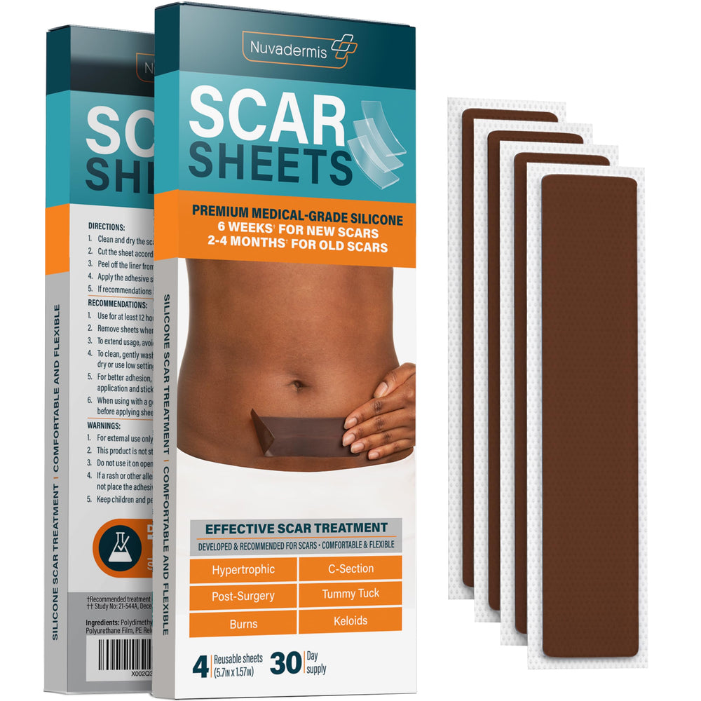 NUVADERMIS silicone scar sheets packaging in dark tone, discreet and reusable for scar care