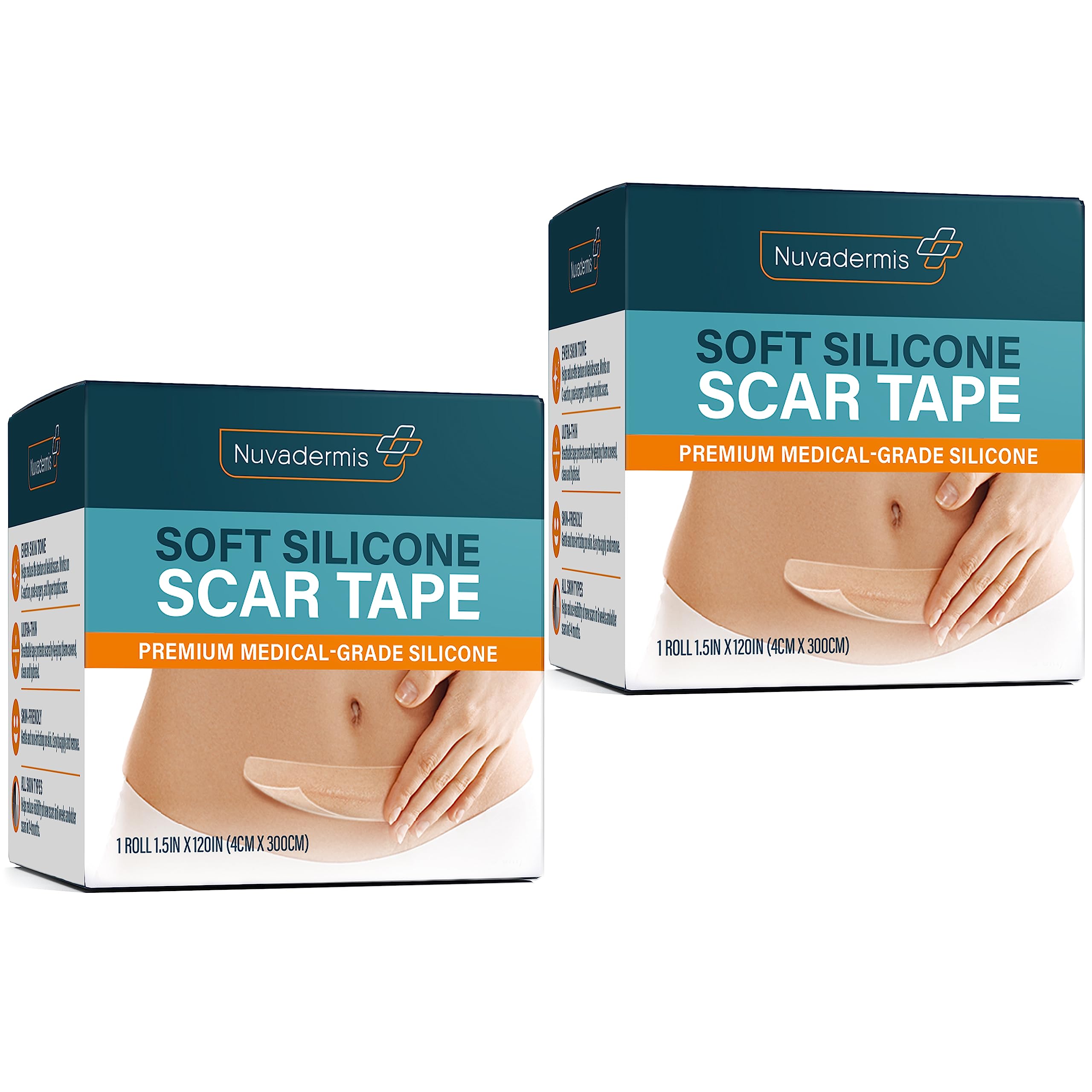 NUVADERMIS silicone scar tape roll unrolled showing long 120-inch coverage for large scars