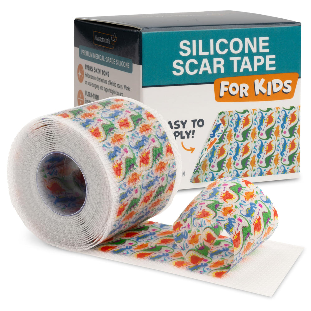 NUVADERMIS silicone scar tape roll with dinosaurs for kid-friendly scar care at home