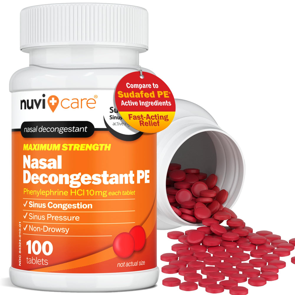 NUVICARE phenylephrine HCl 10 mg tablets close-up highlighting daytime, non-drowsy congestion support