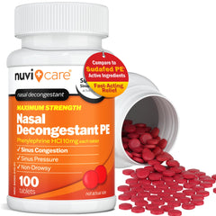 NUVICARE phenylephrine HCl 10 mg tablets close-up highlighting daytime, non-drowsy congestion support