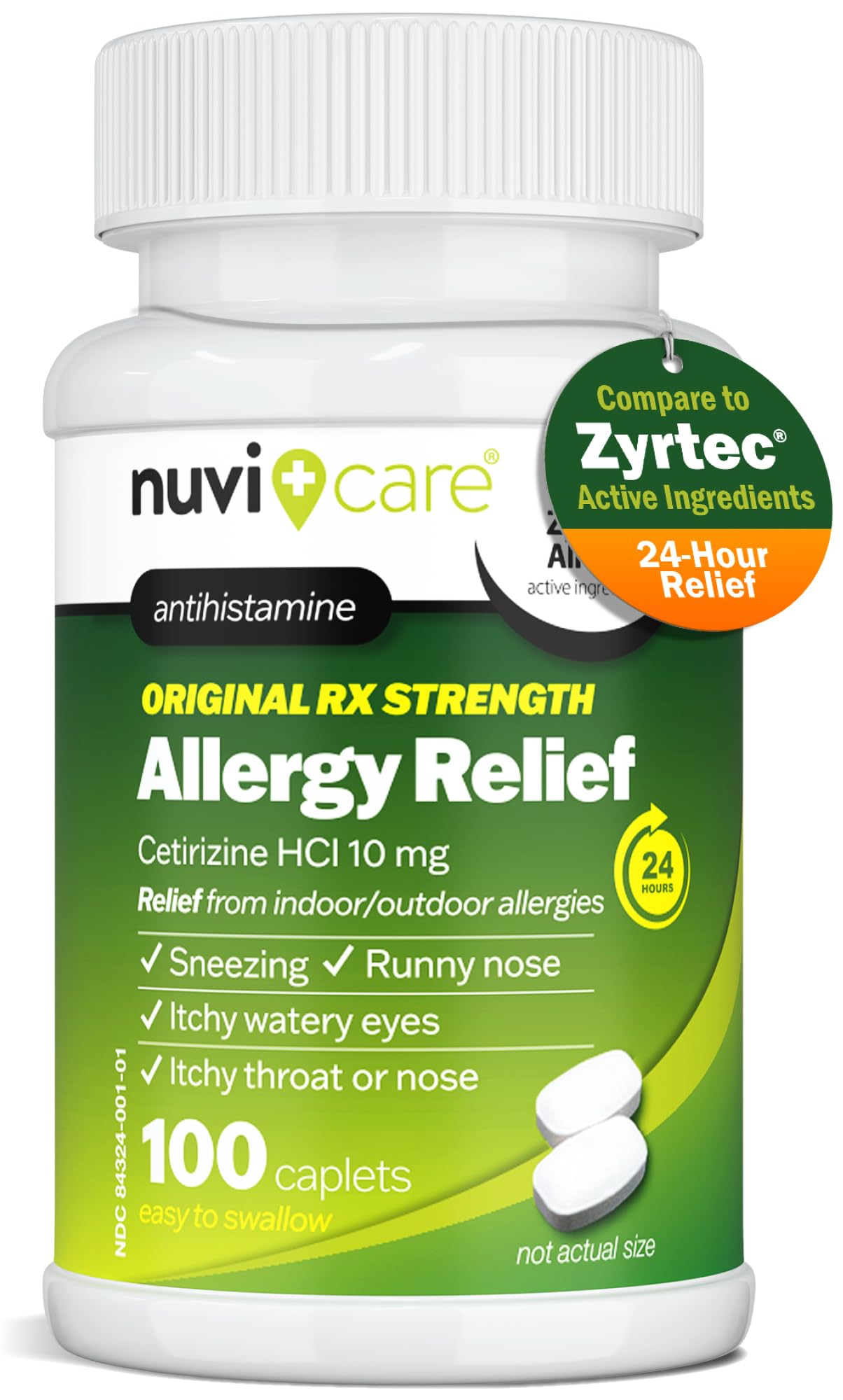NUVICARE 24hr allergy tablet provides all-day relief in a compact pill.