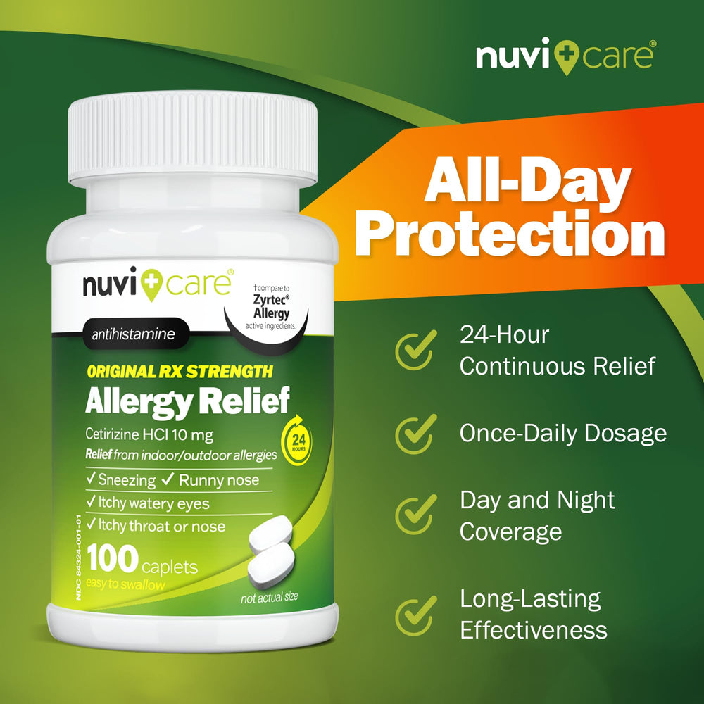 NUVICARE cetirizine 10mg tablet close-up highlighting active ingredient