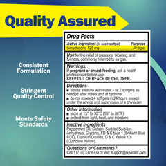 NUVICARE Extra Strength Gas Relief 125mg label highlights strength and ready-to-use softgels.