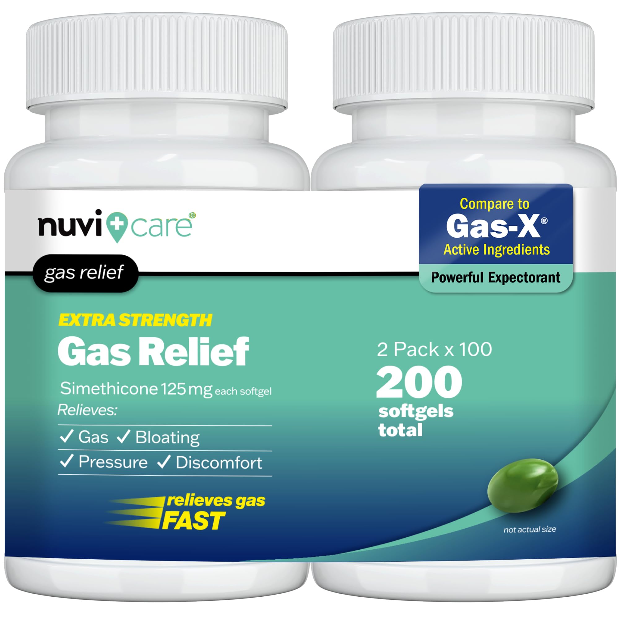 NUVICARE Extra Strength Gas Relief bottle closeup shows compact, fast-acting relief.