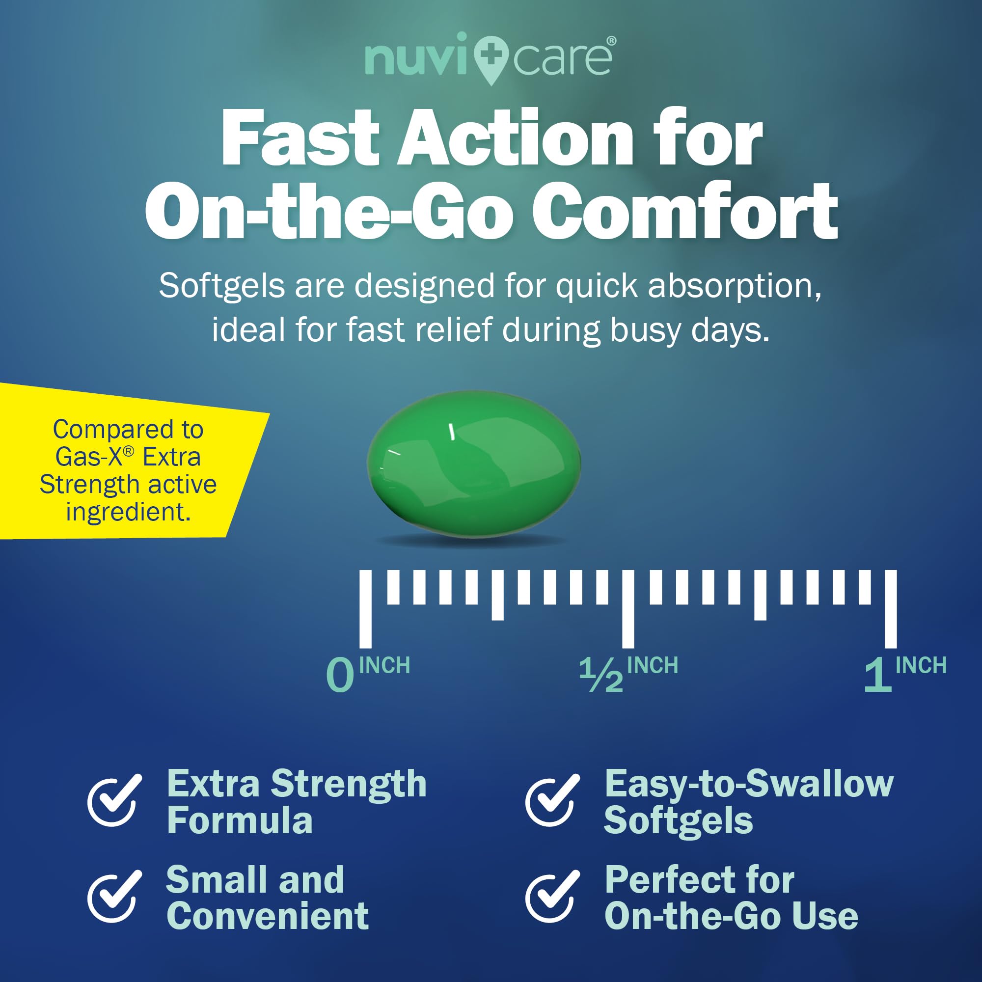 NUVICARE Extra Strength Gas Relief bottle in hand signals portable relief when symptoms hit.