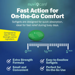 NUVICARE Extra Strength Gas Relief bottle in hand signals portable relief when symptoms hit.