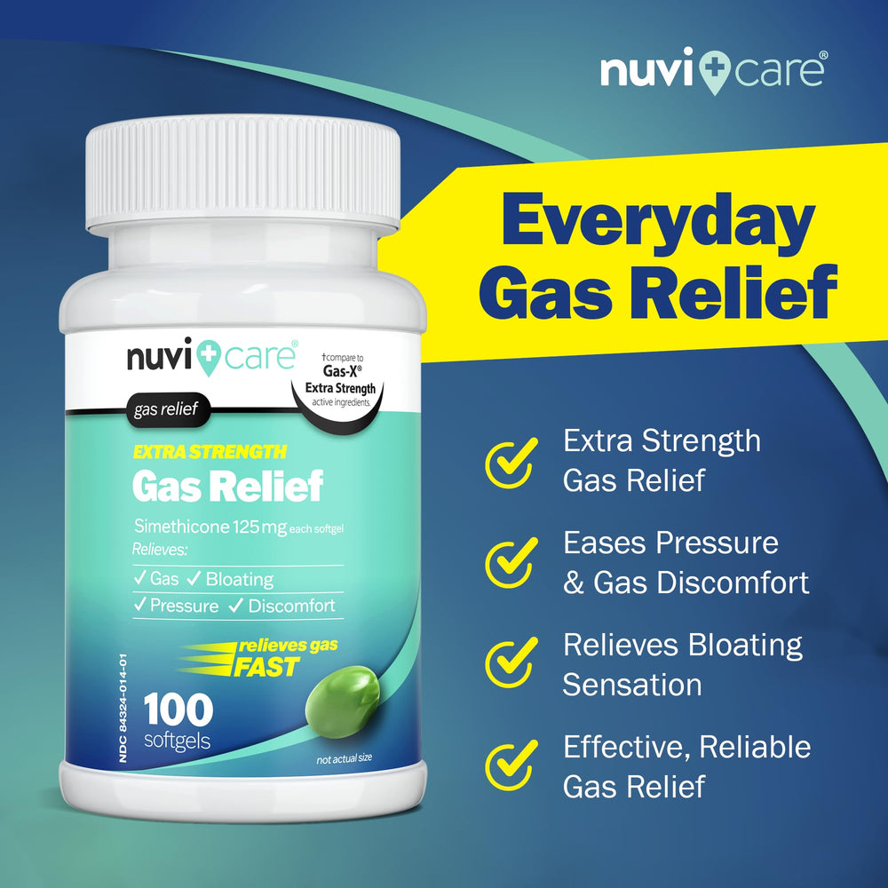 NUVICARE Extra Strength Gas Relief softgels pour demonstrates quick, on-the-go relief.