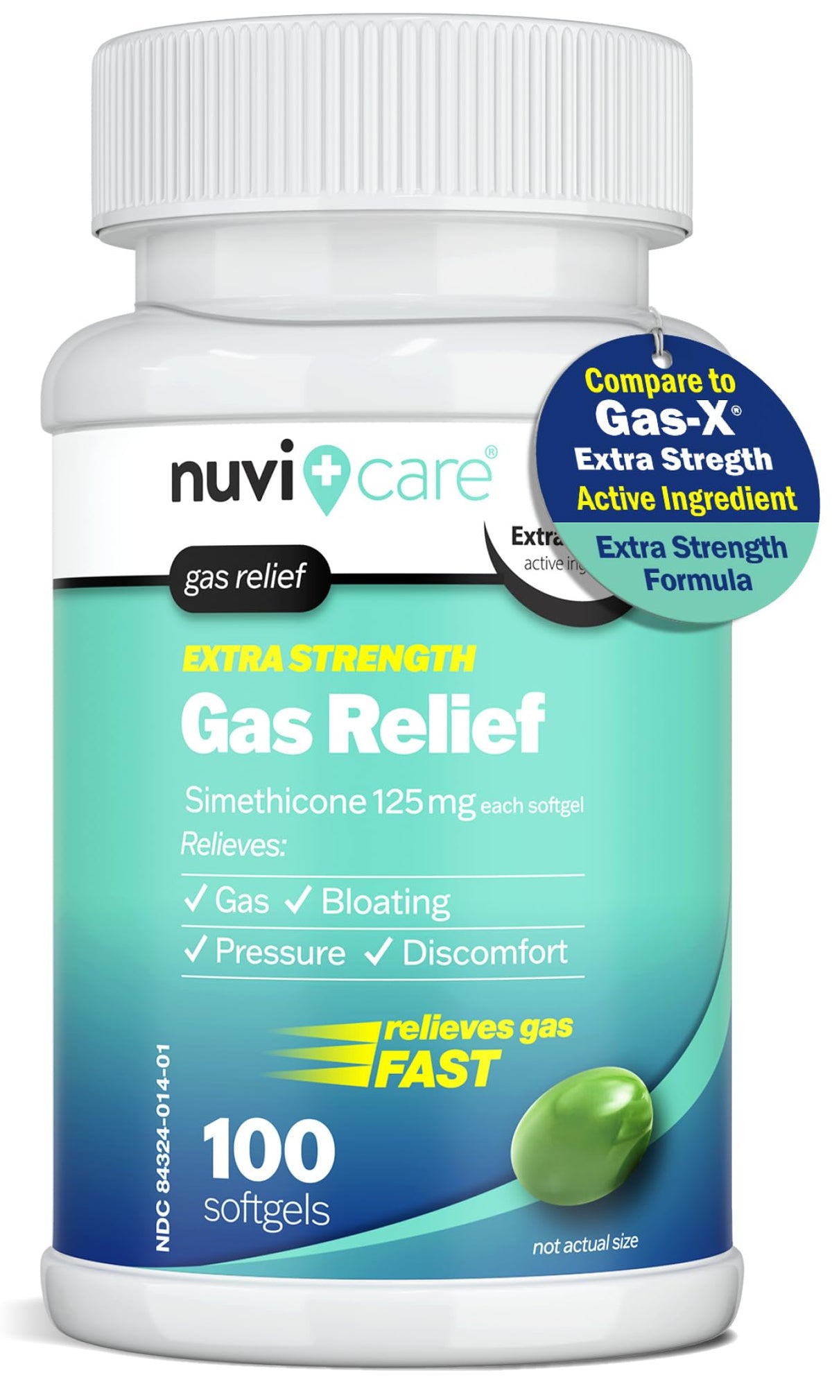 NUVICARE gas-relief softgels bottle provides on-the-go relief.
